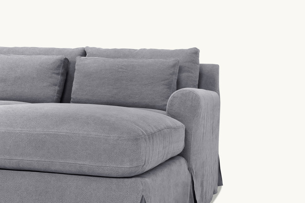 Close up view of Elias U-Shape Sectional Sofa in Ink Cap, a medium cool grey Light Weight Linen