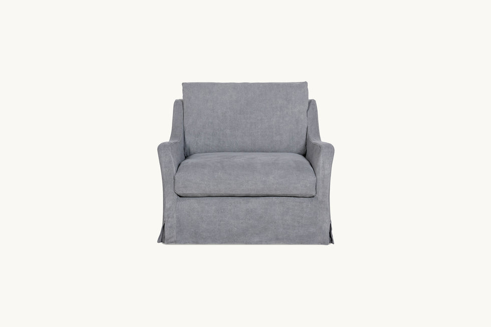 Front view of Esmé Chair in Ink Cap, a medium cool grey Light Weight Linen
