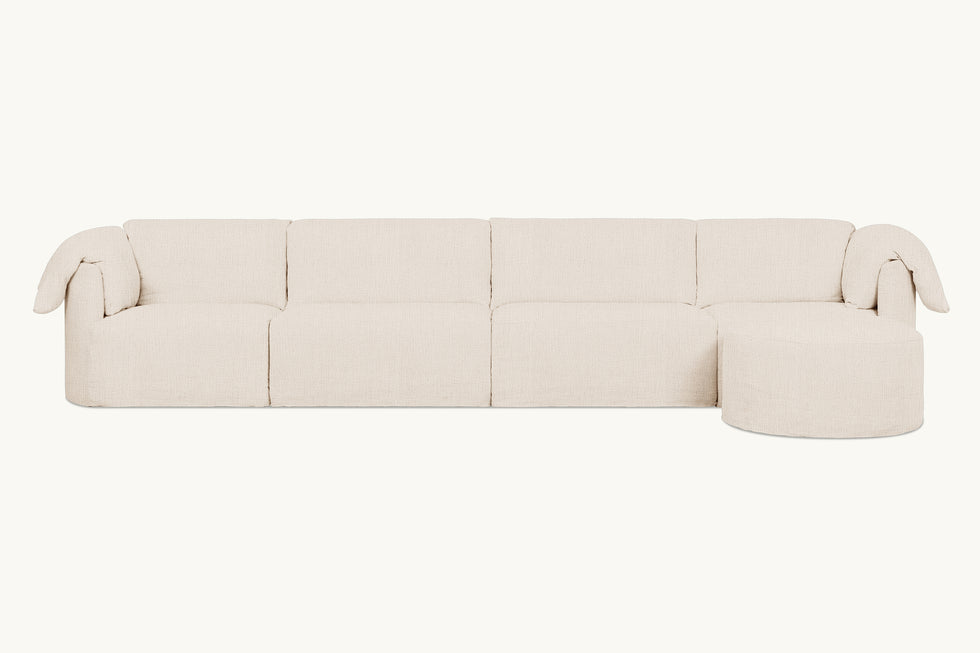 Front view of Loula 5-piece Chaise Sectional in Corn Silk, a light beige Washed Cotton Linen