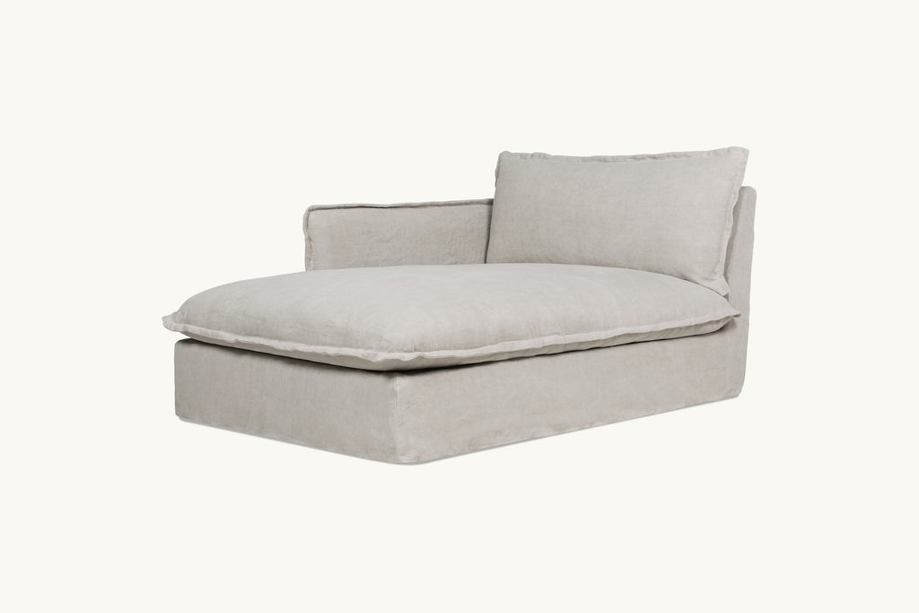 Neva Left Arm Facing Daybed in Jasmine Rice, a light warm greige Medium Weight Linen