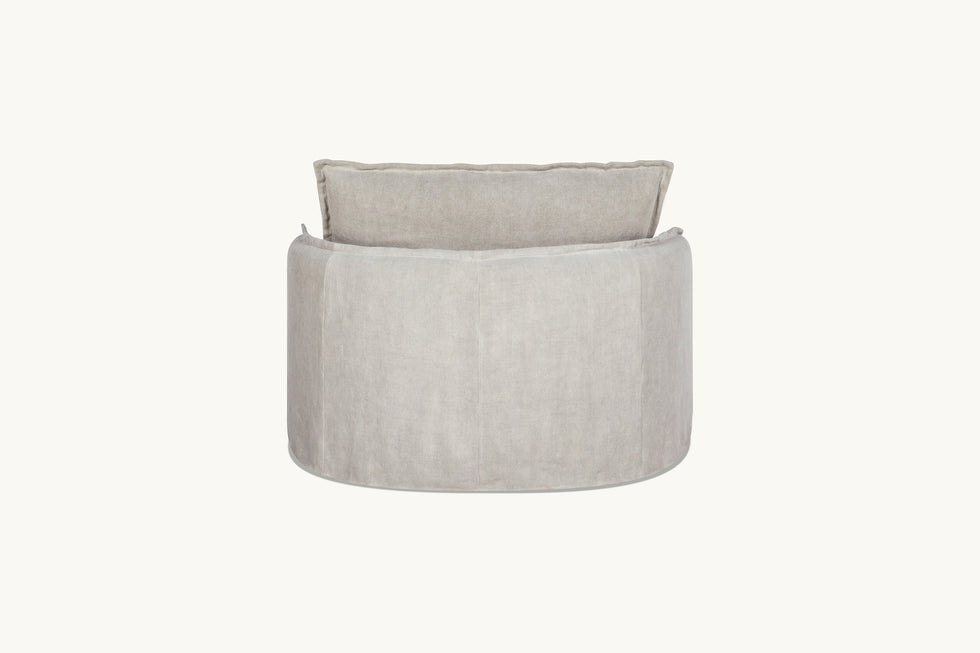 Back view of Neva Round Daybed in Jasmine Rice, a light warm greige Medium Weight Linen
