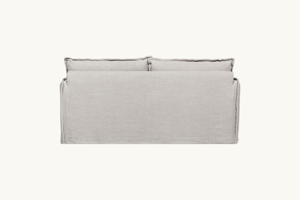 Back view of Neva 72" Sofa in Jasmine Rice, a light warm greige Medium Weight Linen