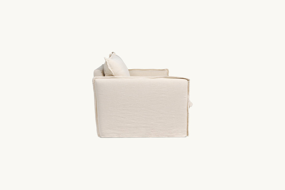Side view of Neva 84" Sofa in Corn Silk, a light beige Washed Cotton Linen