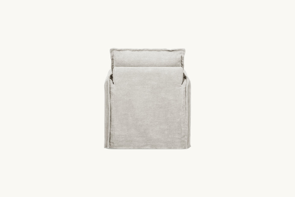 Back view of Neva Swivel Glider Chair in Jasmine Rice, a light warm greige Medium Weight Linen