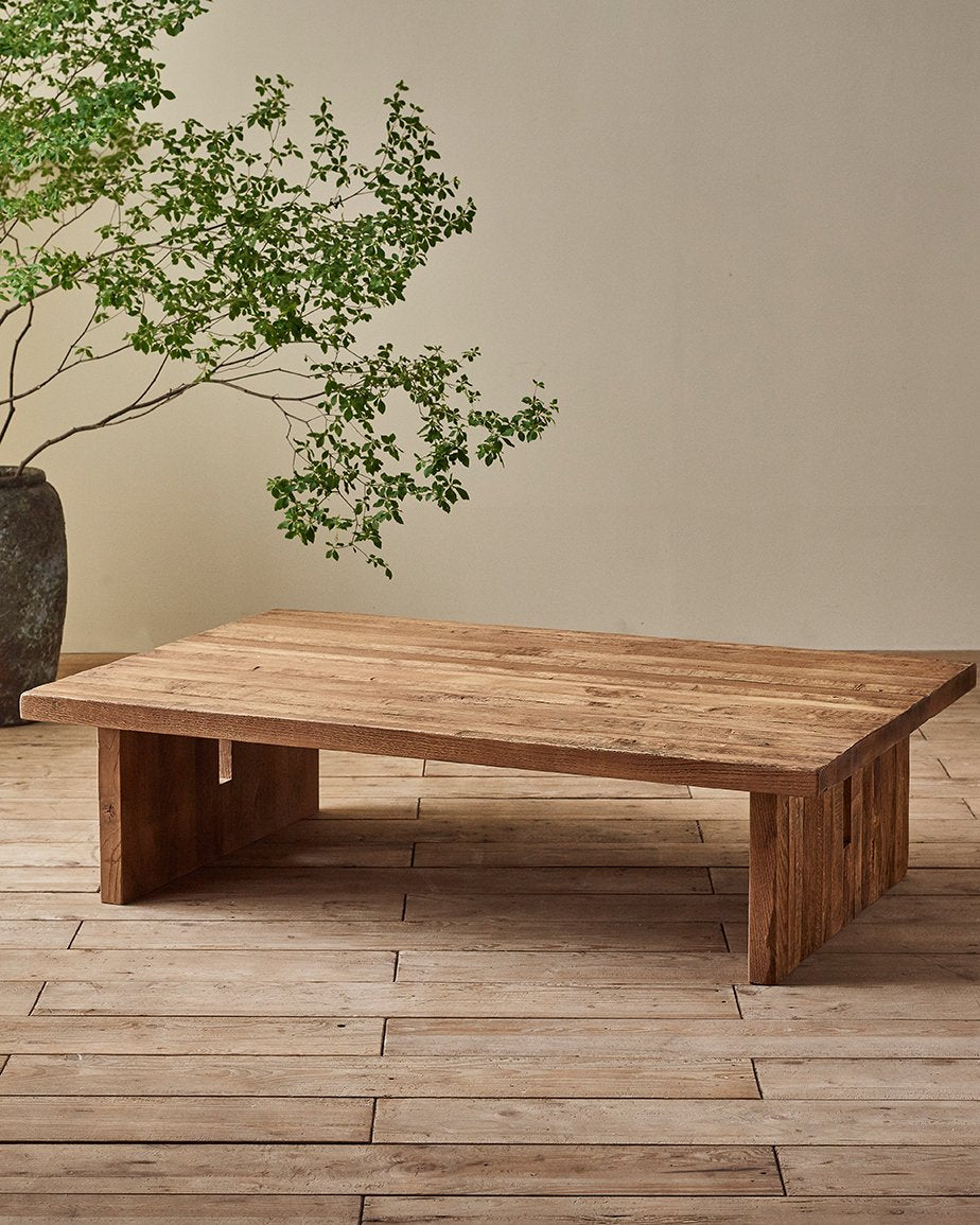 Kai Coffee Table in 100% Reclaimed Austrian Heritage Oak, a medium, bosc pear shade with earthy undertones, placed in a room in front of a potted tree